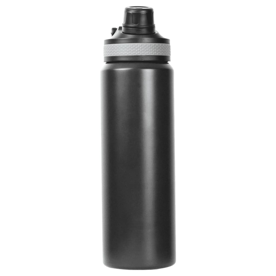 A drink bottle in matte black with a grey band, featuring a screw-on lid and a logo.