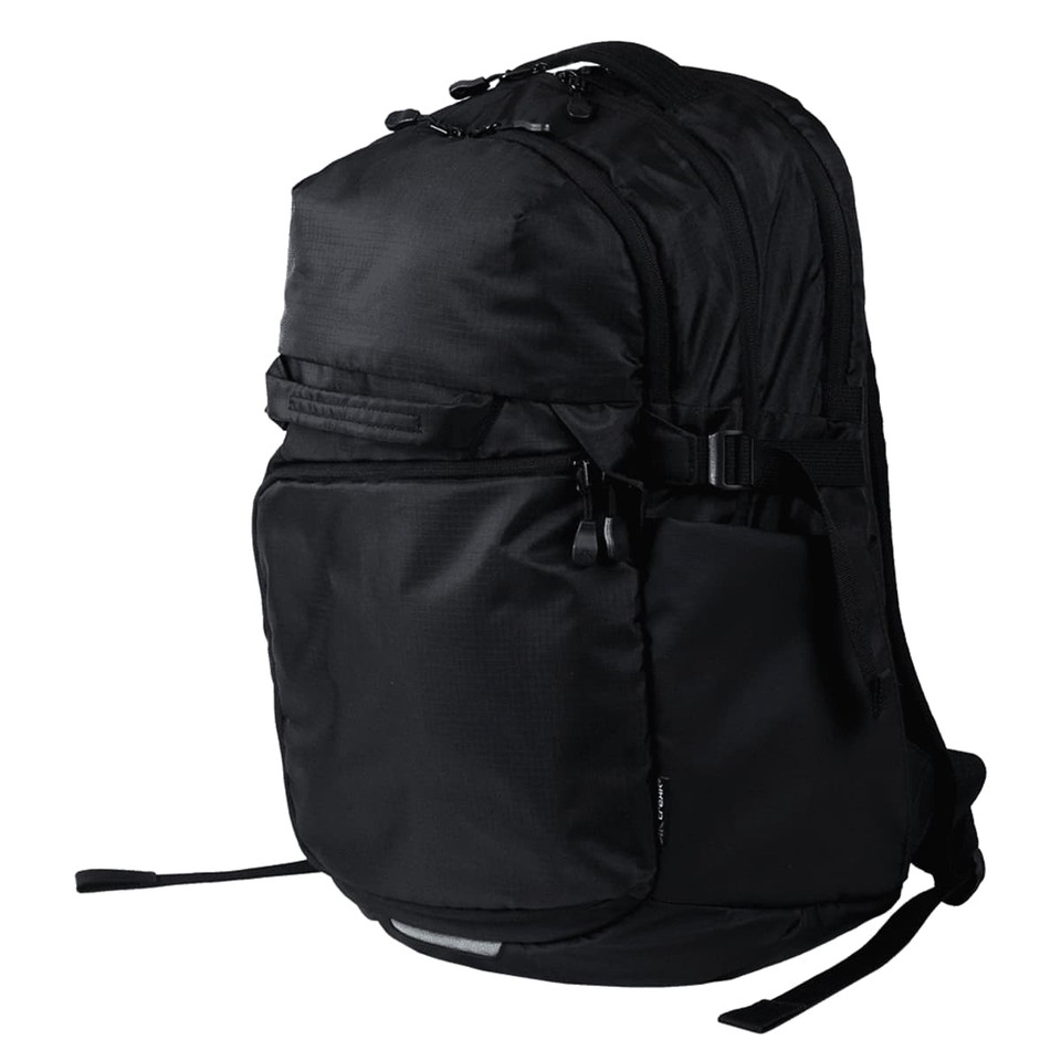 A black computer backpack with multiple compartments and adjustable straps, featuring a logo on the front.