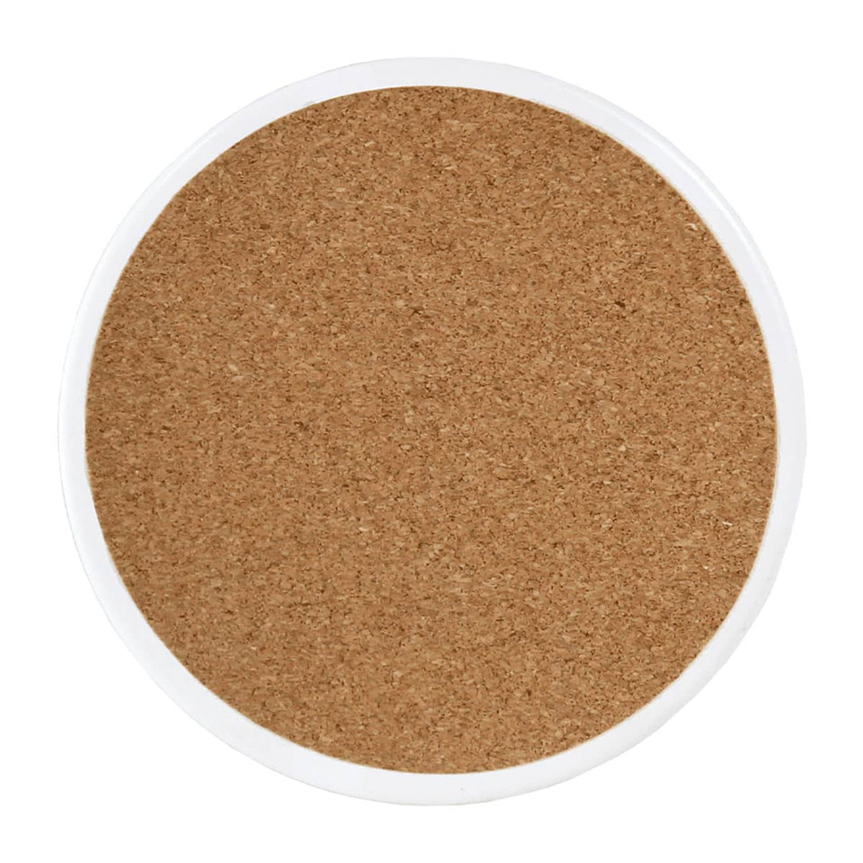 A circular ceramic coaster in natural brown with a white border, featuring a smooth surface.