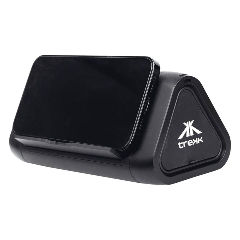 A black outdoor speaker and wireless power bank with a triangular design, holding a smartphone on top.