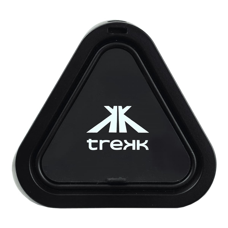 A triangular black speaker with a logo, featuring a sleek design suitable for outdoor use.