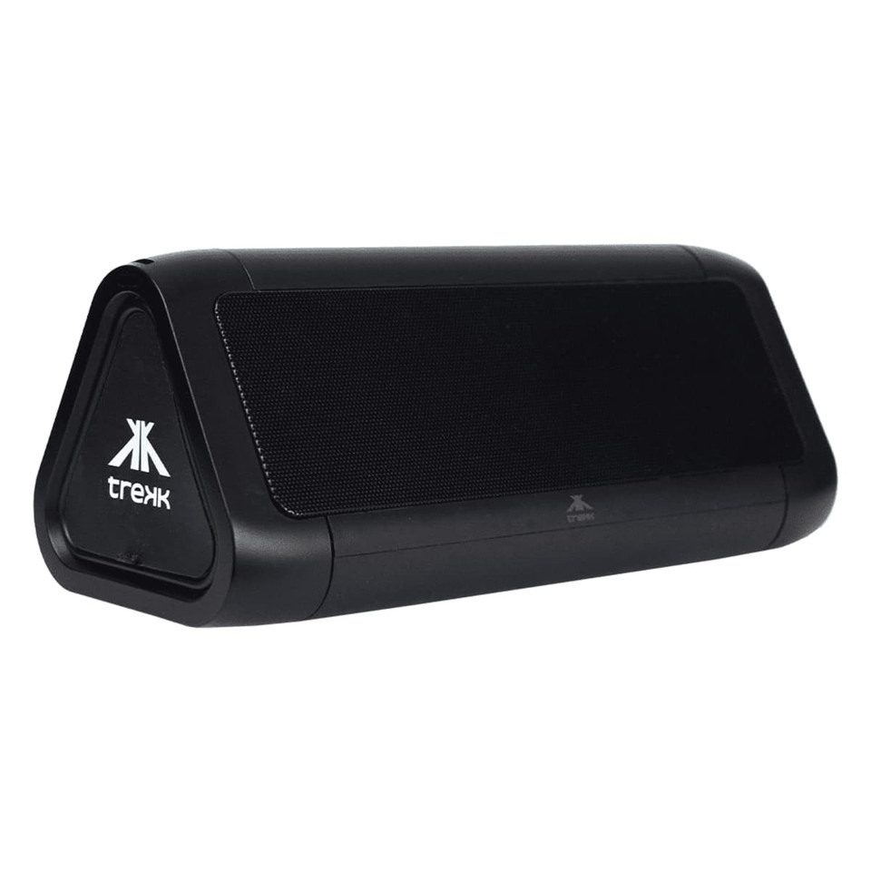 A black outdoor speaker with a triangular design and a logo on the side. It features a textured speaker grille.