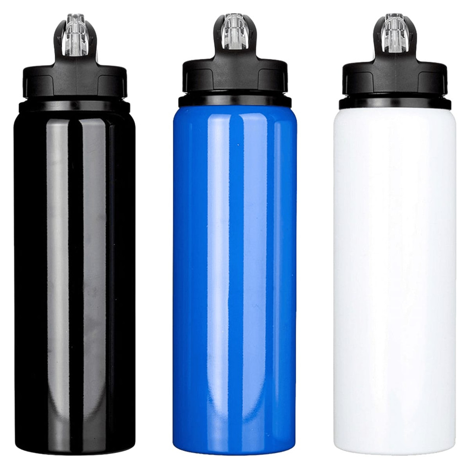 A drink bottle set featuring three colours: black, blue, and white, with a flip-top lid and logo.