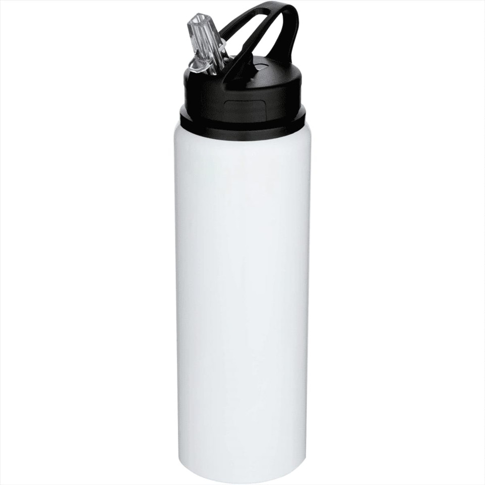 A drink bottle in white stainless steel with a black lid and spout, featuring a logo on the body.