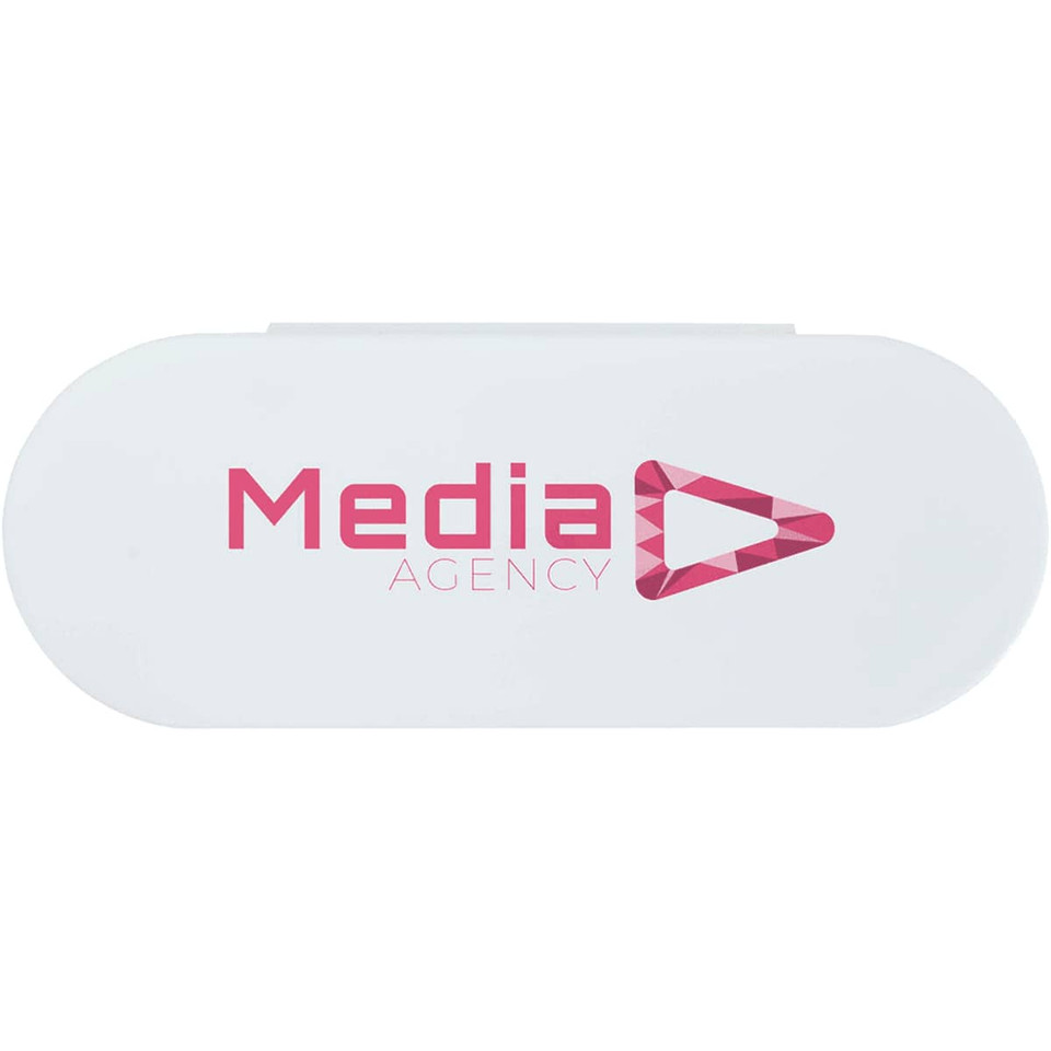 A white oval container with a logo in pink, featuring geometric shapes and the text "Media Agency".