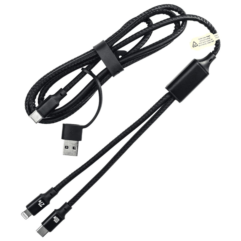 A black 120cm 4 in 1 fast charging data transfer cable with multiple connectors and a branding logo.