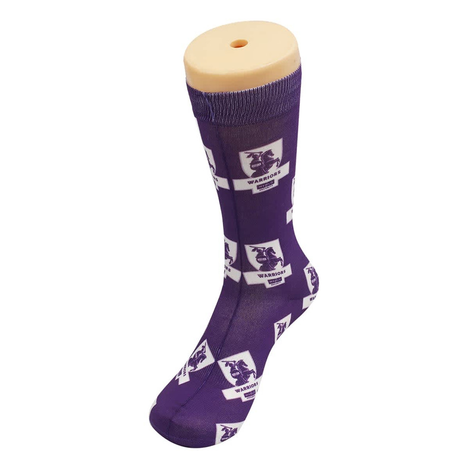 A purple sock featuring a pattern with a logo and text, displayed on a sock model.