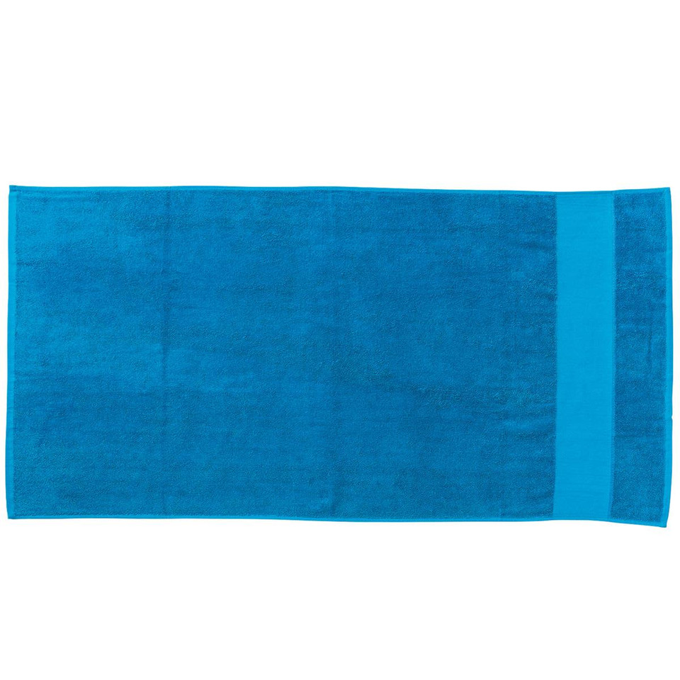 A large, rectangular beach towel in vibrant blue, featuring a solid colour design and a branding logo.