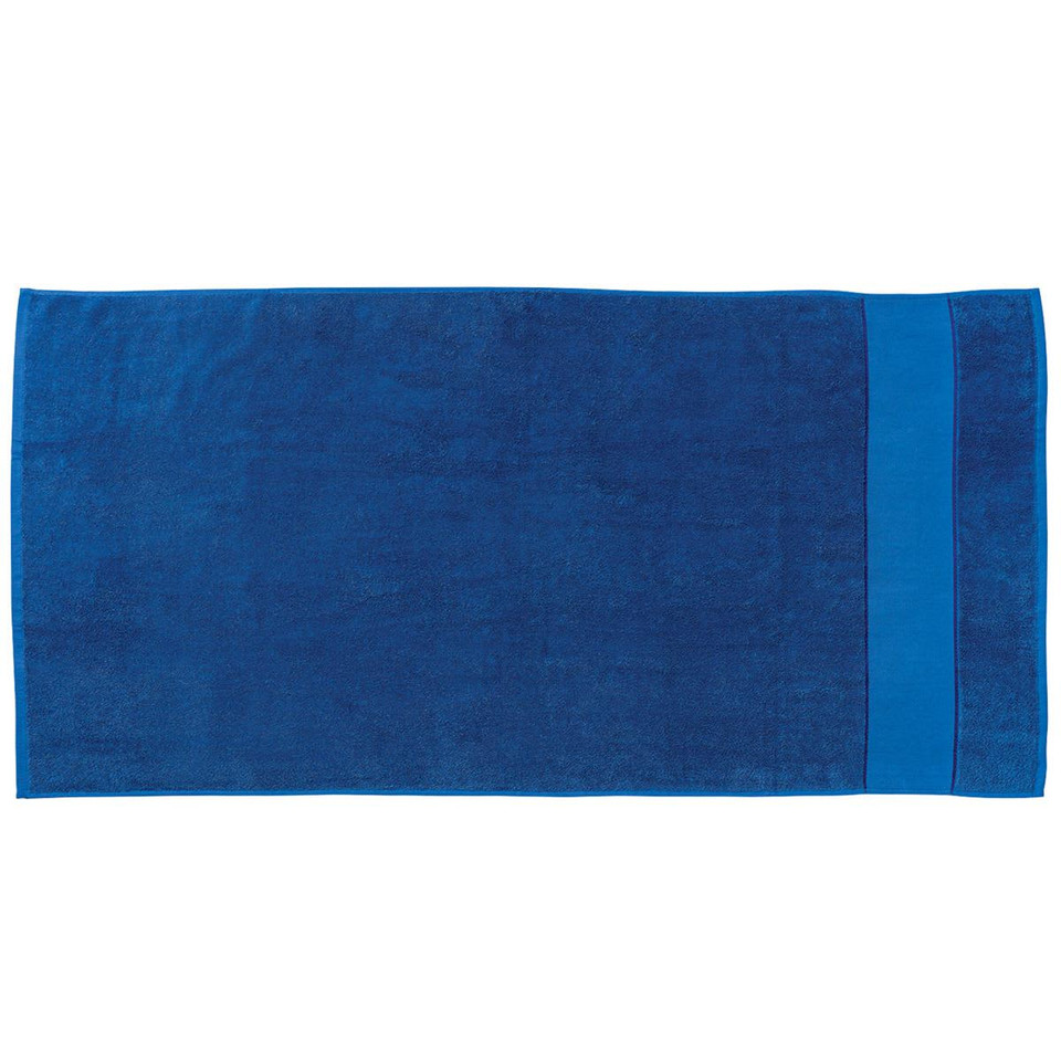 A blue beach towel with a solid colour design and a contrasting border, featuring a logo.