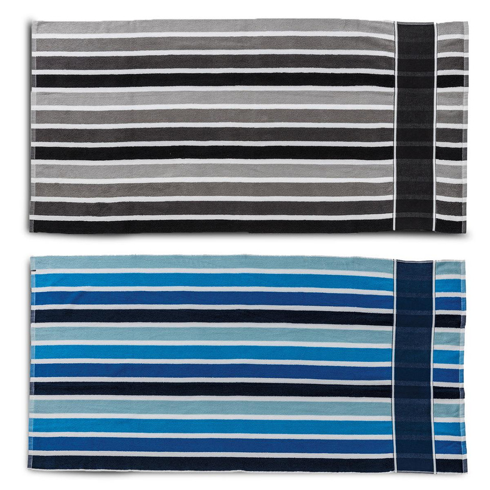 Two cabana towels with horizontal stripes in grey, black, and various shades of blue. Each towel has a logo.