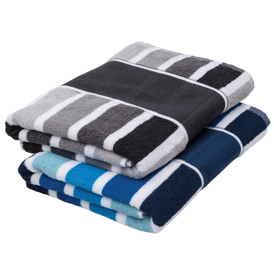 Two folded cabana towels featuring grey, black, navy, and aqua stripes, with a band around each set.