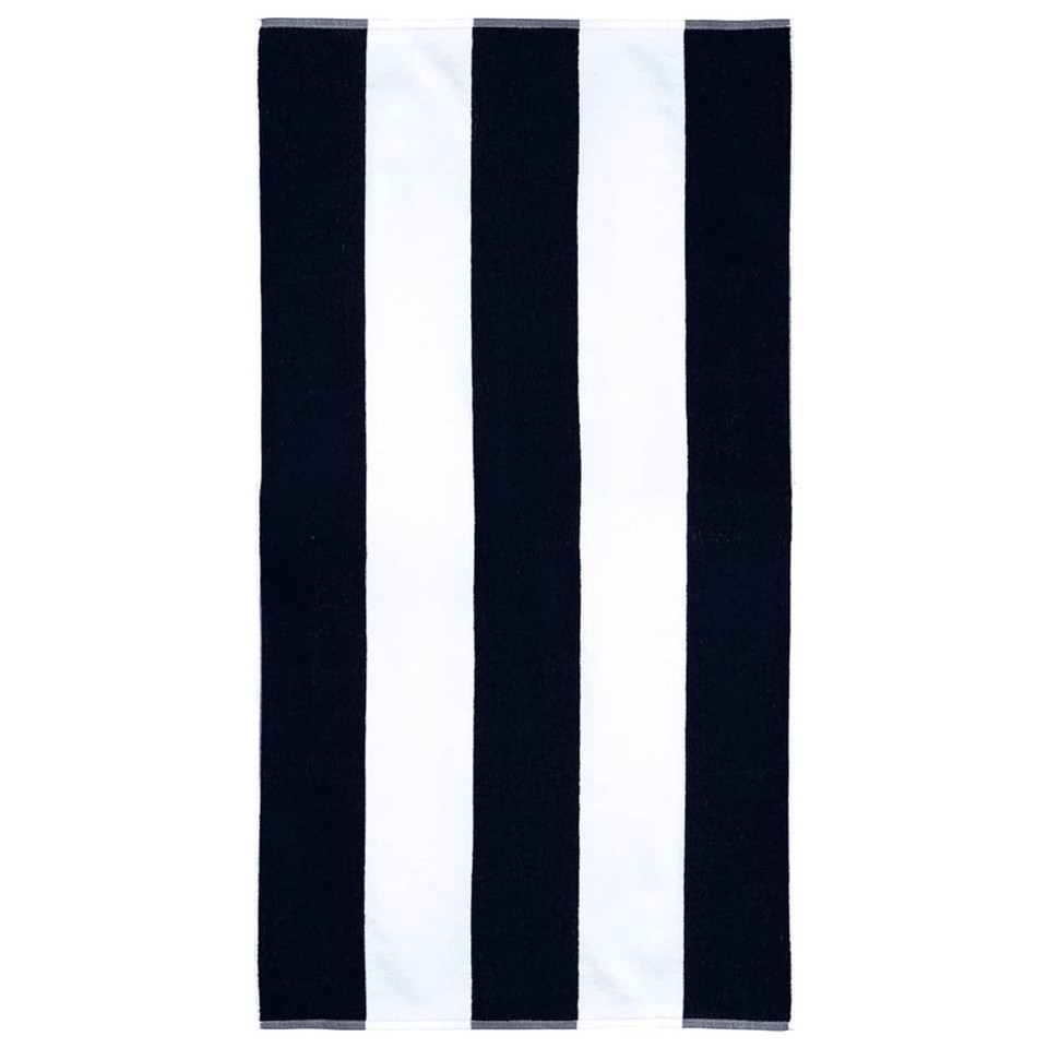 A striped cotton beach towel in black and white with a logo at one end.