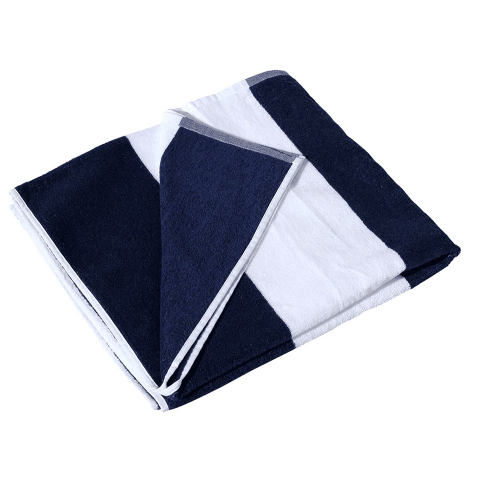 A cotton beach towel featuring navy blue and white stripes, folded neatly with a subtle trim.