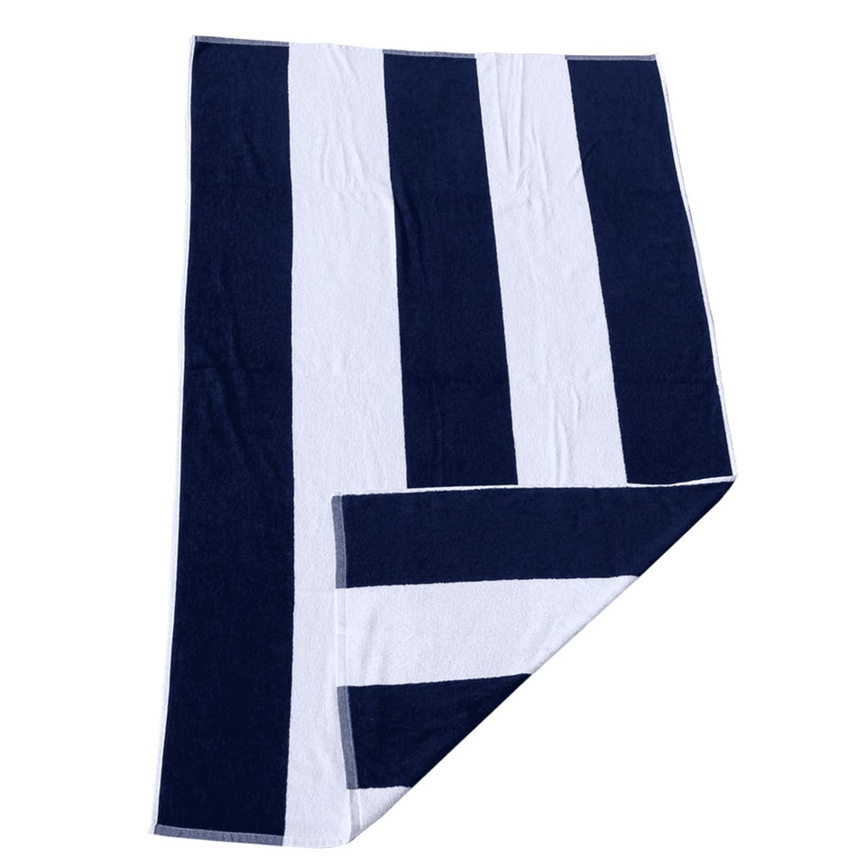 A striped cotton beach towel featuring navy blue and white colours. It has a logo on one side.