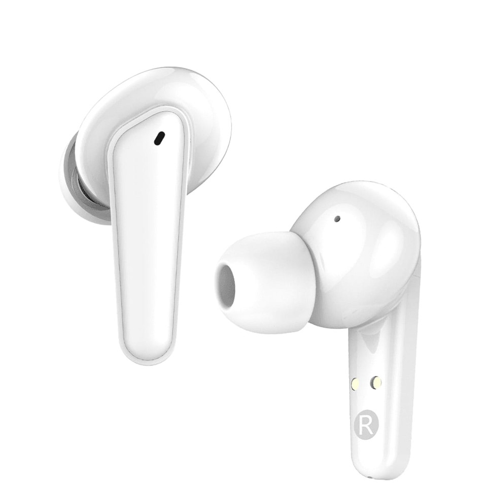 White wireless earbuds featuring a sleek design, with a small logo on one side.