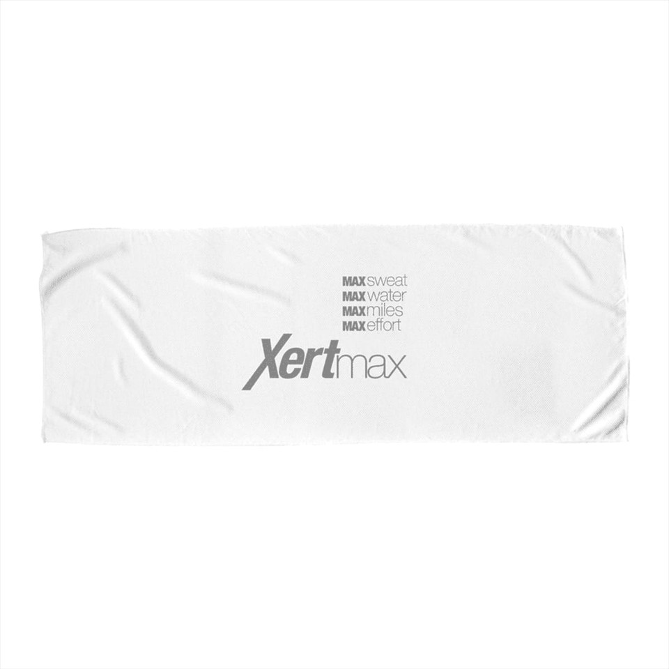 A white fitness towel featuring a logo and text. Designed for cooling during leisure and outdoor activities.