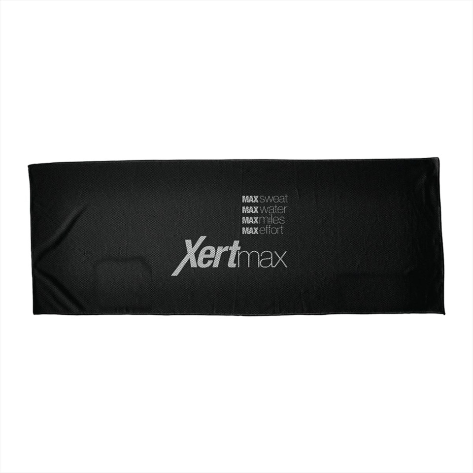 A black fitness towel with a logo and text. Its smooth texture is suitable for cooling activities.