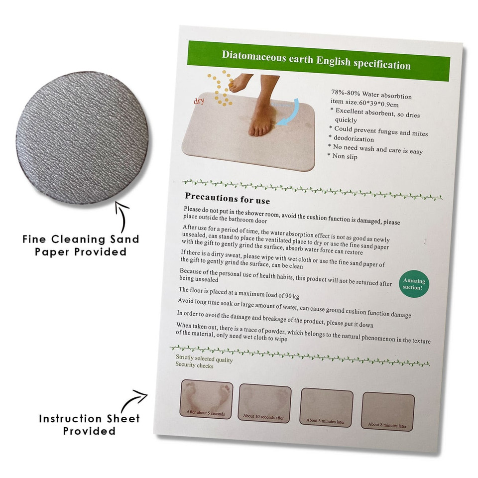 A grey bath mat made of diatomaceous earth with an instruction sheet and fine cleaning sandpaper included.