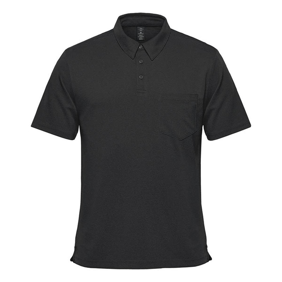 A black short sleeve polo shirt featuring a pocket and a logo on the chest. Suitable for casual wear.