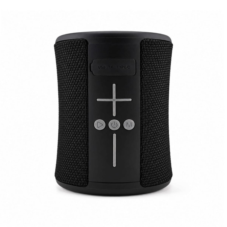 A black speaker with a textured surface, featuring control buttons and a USB Type-C port. It has a branded logo.