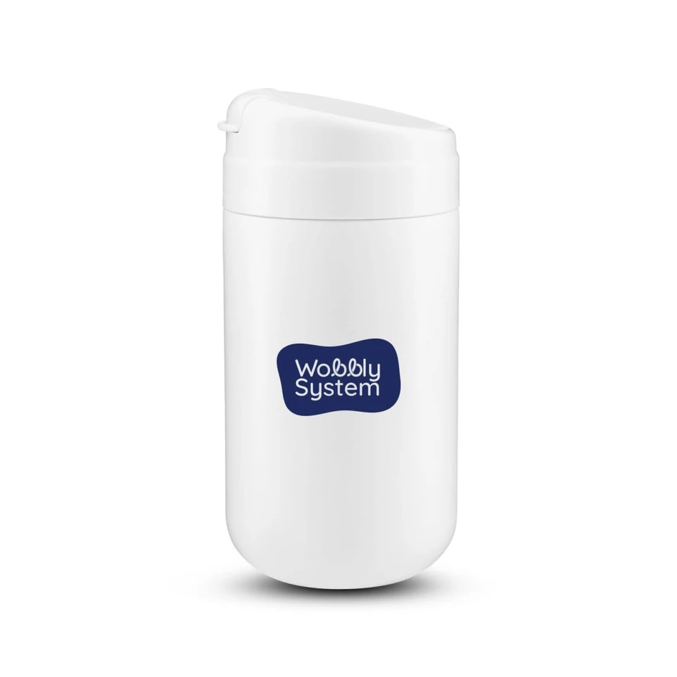A white coffee cup with a lid and a logo on the front.
