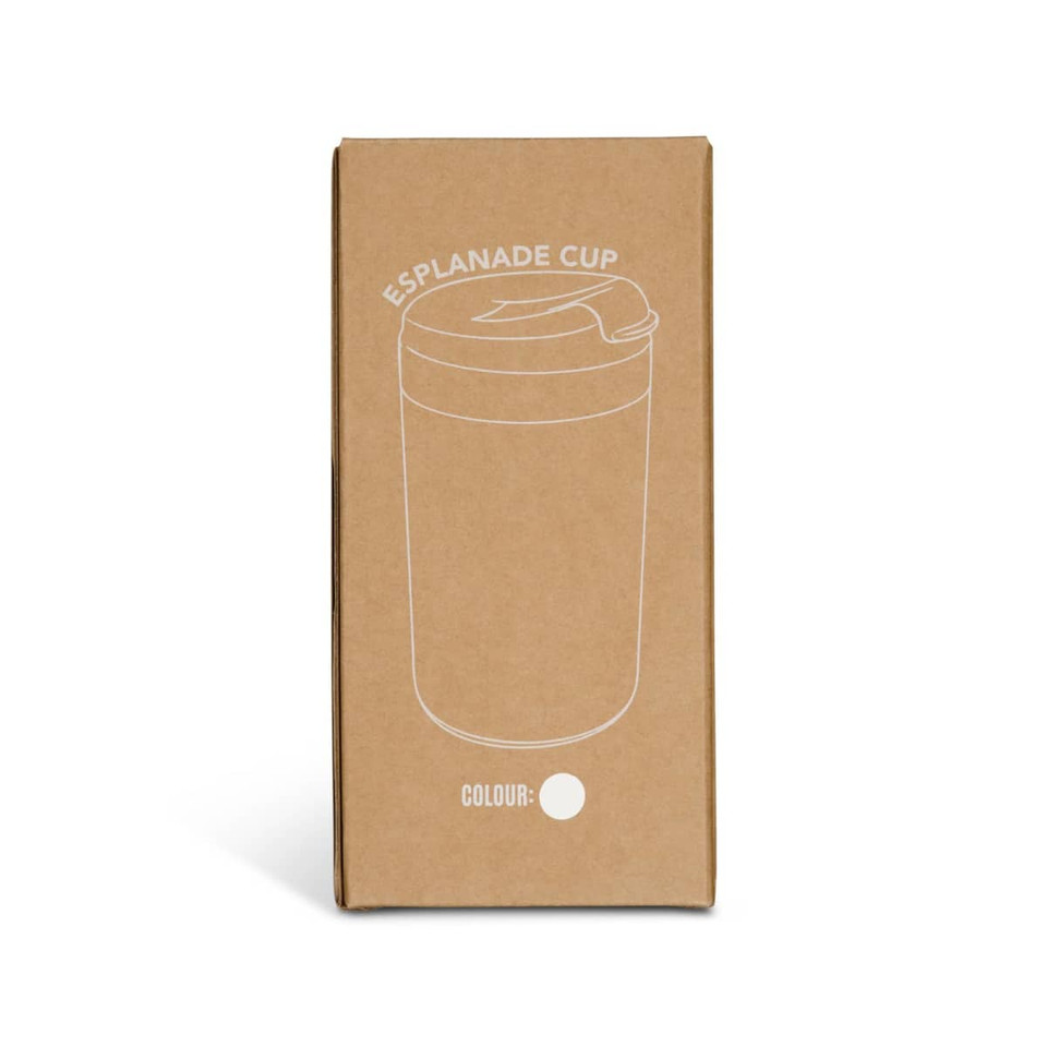 A coffee cup in a brown cardboard box, featuring a minimalist design and a lid, in a white colour.