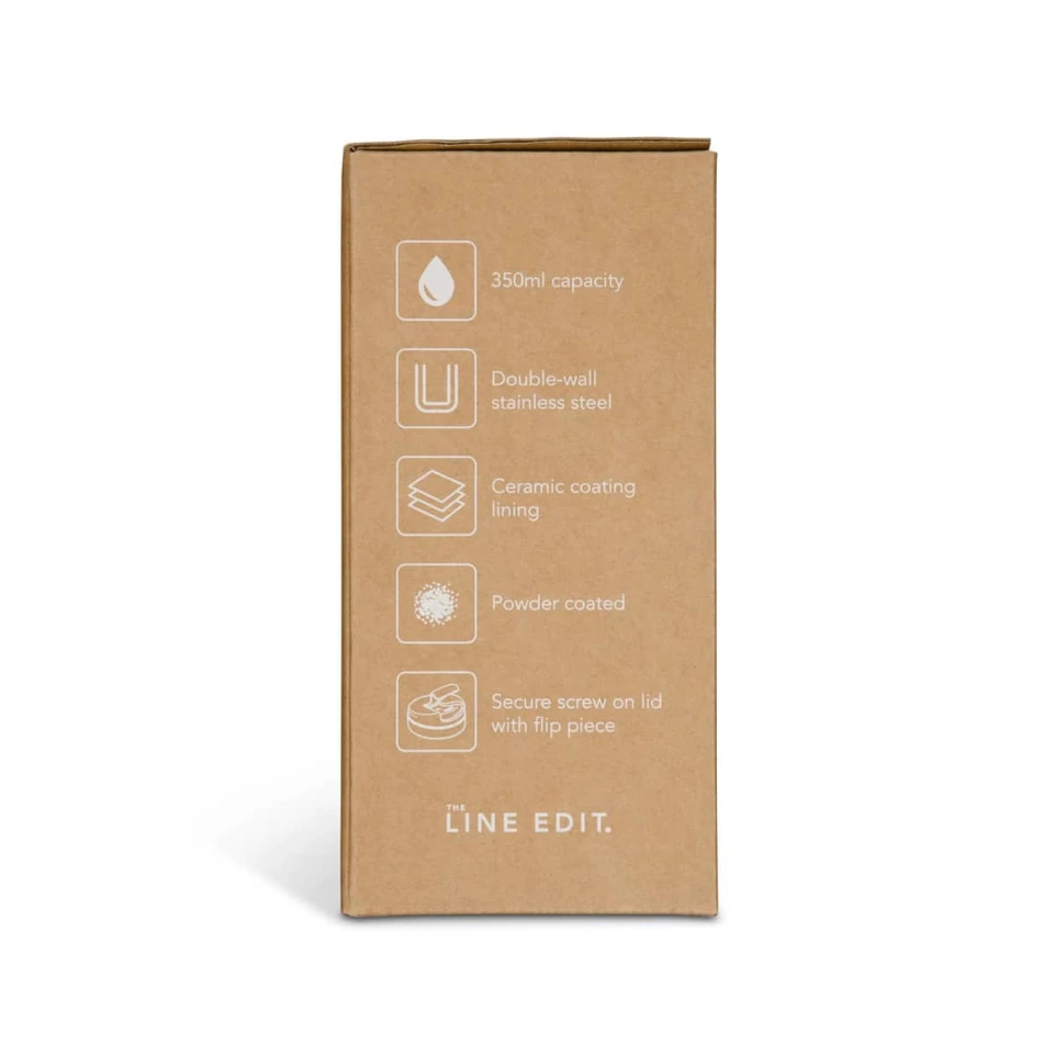 A packaging box for a 350ml coffee cup made of double-wall stainless steel with a ceramic coating and powder-coated finish.