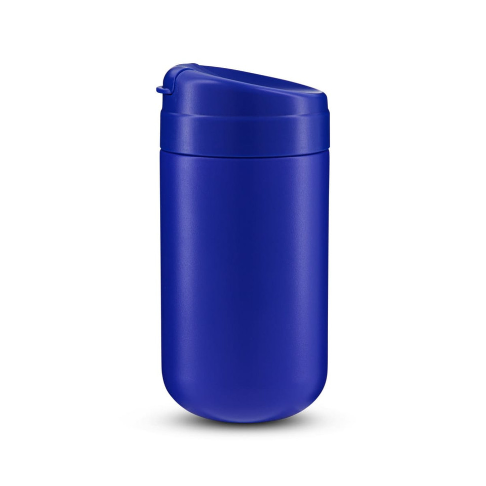 A blue coffee cup with a lid and a smooth finish, featuring a branding logo.