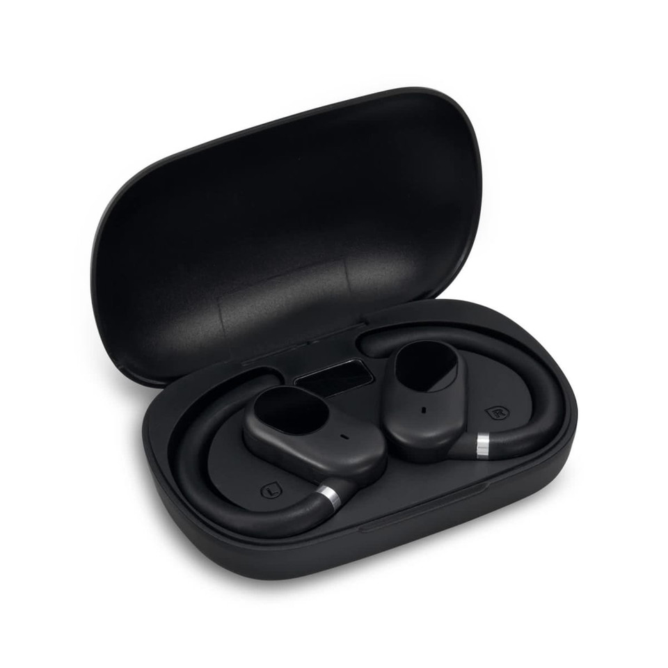 A pair of black Loop Ear Buds in a black charging case. The case is slightly open, revealing the buds inside.