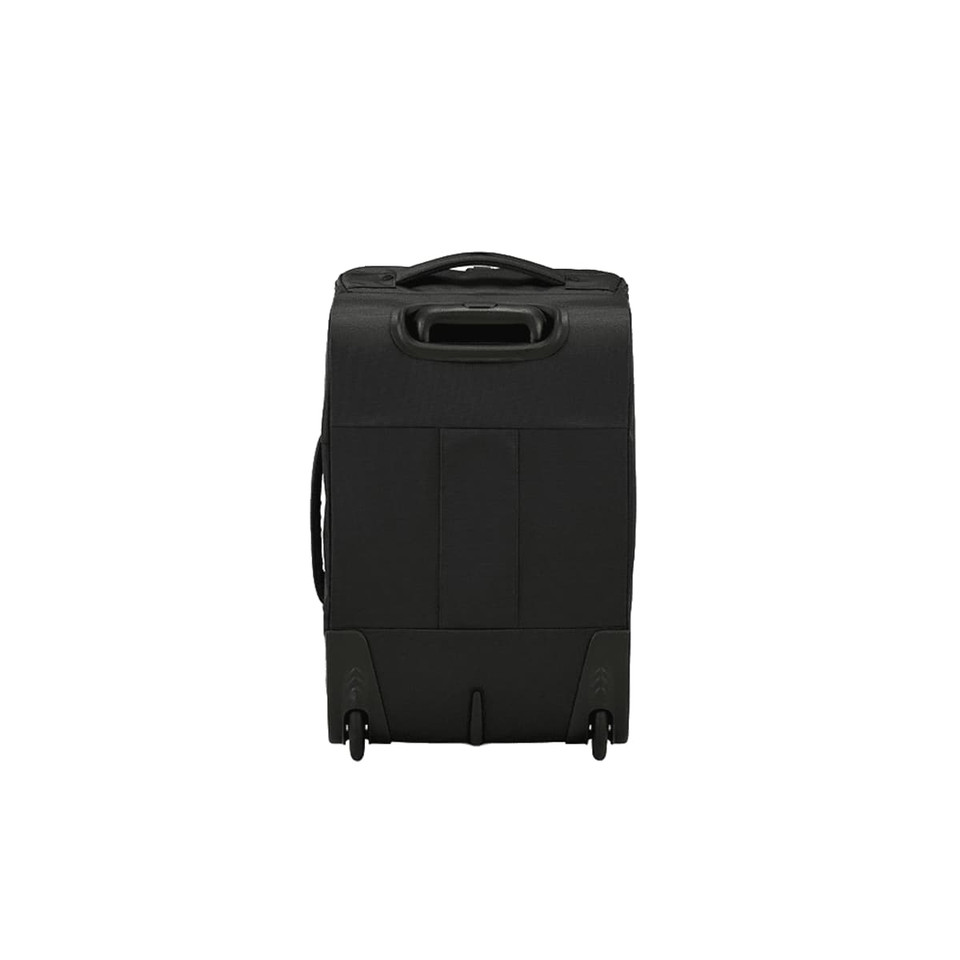 A black wheeled duffle bag with a textured surface, featuring two wheels and a handle.