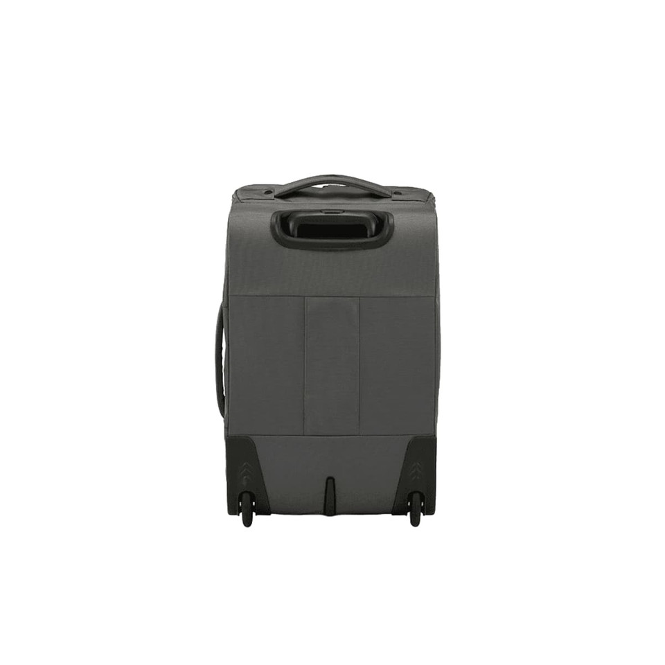 A grey wheeled duffle bag featuring a handle and wheels for easy transport. Includes a logo on the front.