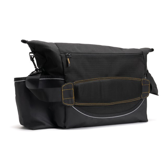 Insulated black bag with ID window compartment for storage.