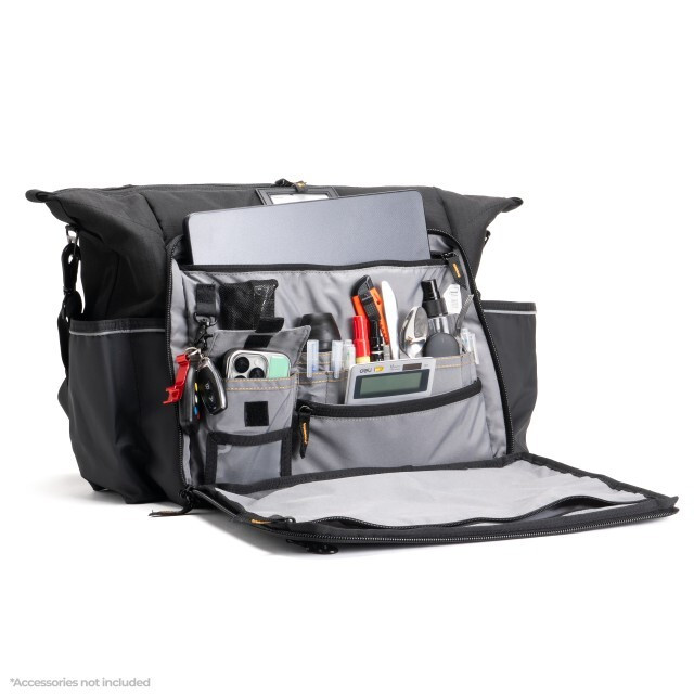 Black expandable tool bag with organized compartments, holding various tools and accessories.