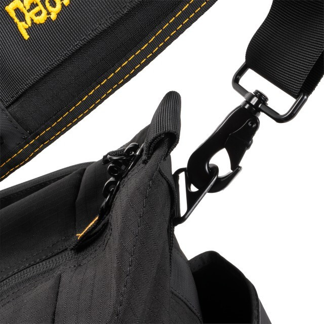 Durable black tactical shoulder bag with secure strap and clip attachment.