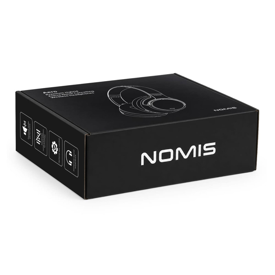 A black box containing Aero by Nomis headphones, featuring a logo and outlined headphone design on the packaging.