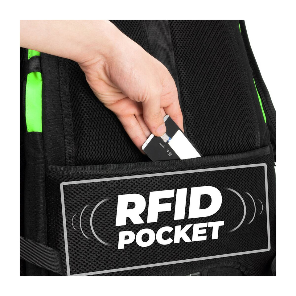 Hand placing credit card into RFID-blocking backpack pocket.