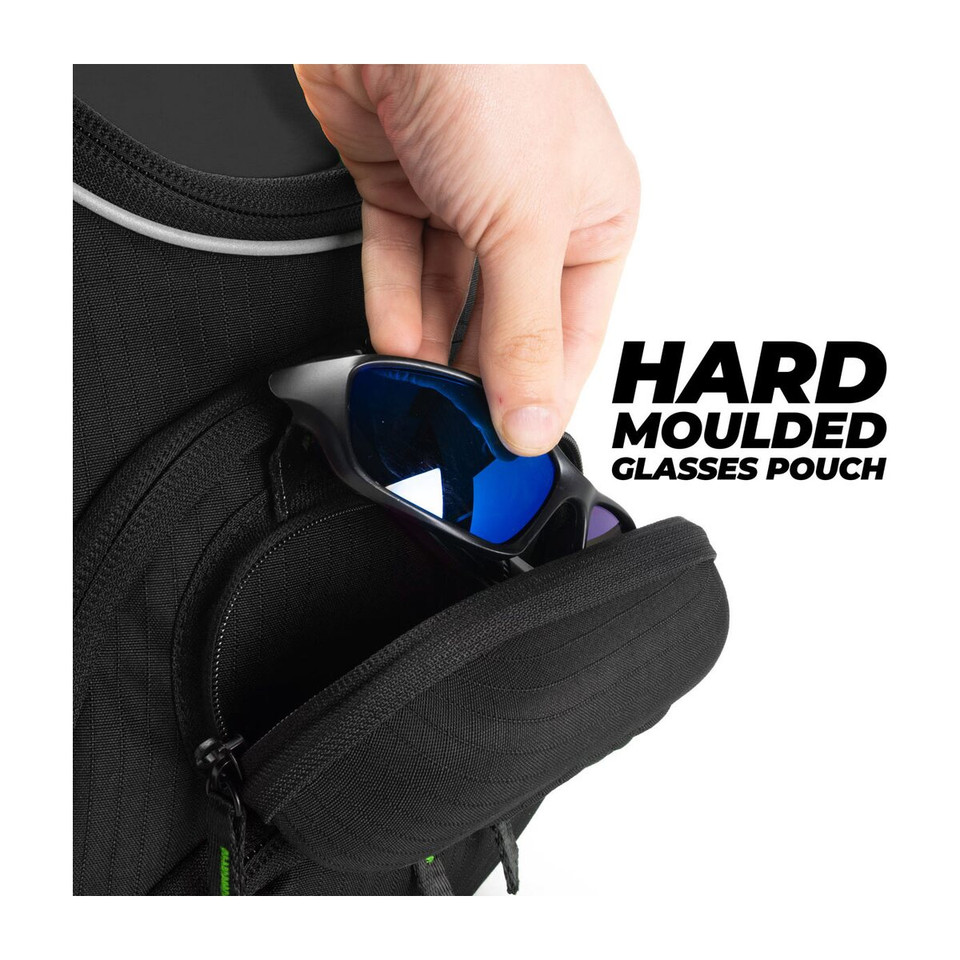Hand placing sunglasses into hard molded glasses pouch on black backpack.