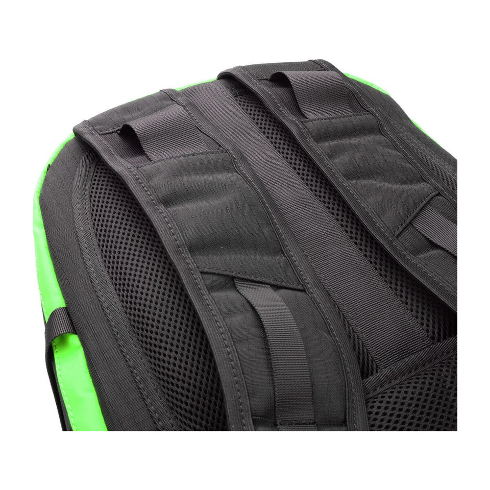 Black backpack with air-mesh padding reduces sweat, enhancing comfort.