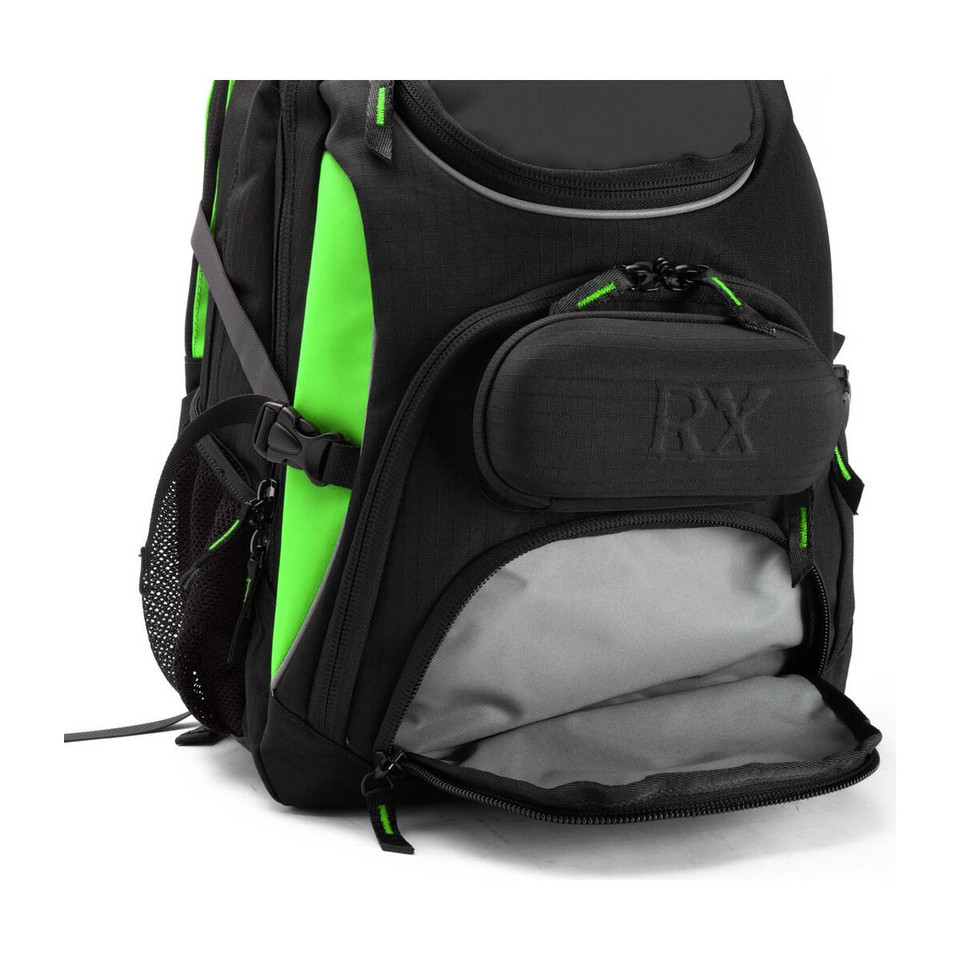 Stylish black and green backpack with multiple zippered compartments.