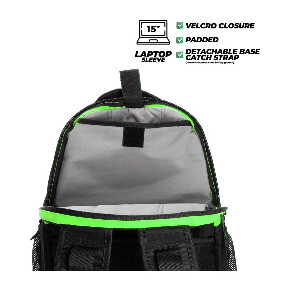 Backpack with a 15-inch padded laptop sleeve, velcro closure, and detachable base catch strap.