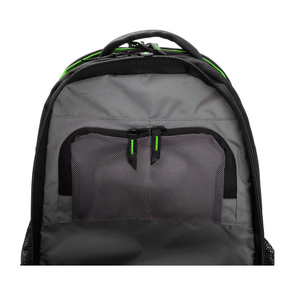 Gray backpack with black zipper and green accents, front view showing pockets.