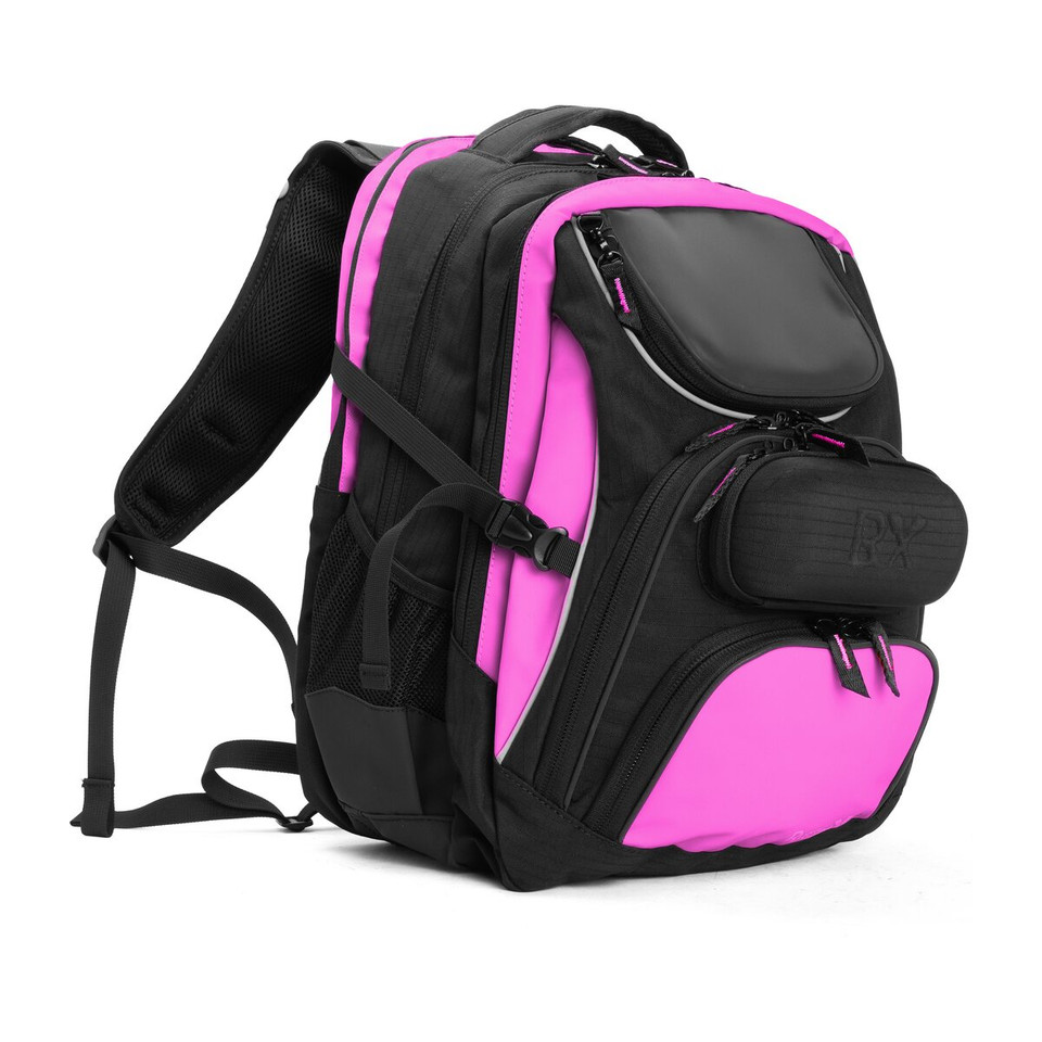 Black and pink ergonomic backpack with multiple compartments and padded straps.