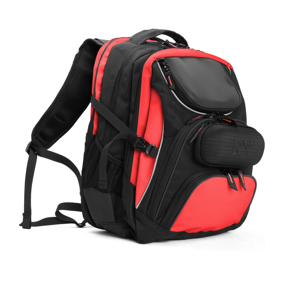 Black and red ergonomic backpack with multiple compartments and padded straps.
