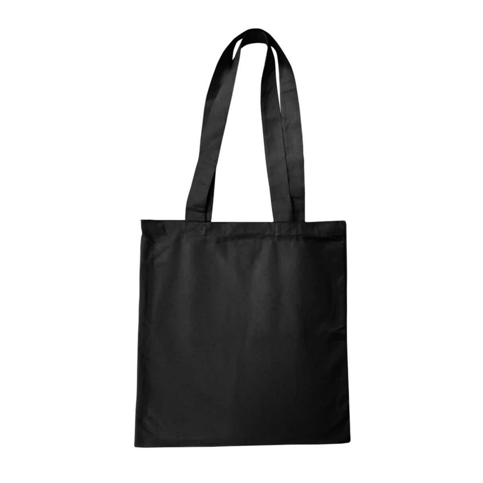 Black tote bag with long handles against white background.