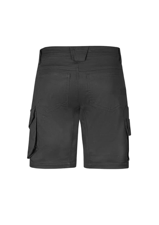 A pair of grey men's cargo shorts featuring multiple pockets and a stretchy fit. The view shows the back of the shorts.