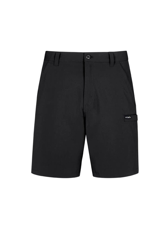 Men's lightweight outdoor shorts in black with a side pocket and branding on the leg.