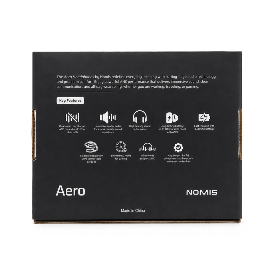 Aero by Nomis headphones in a sleek black design, featuring a box with branding and key features.