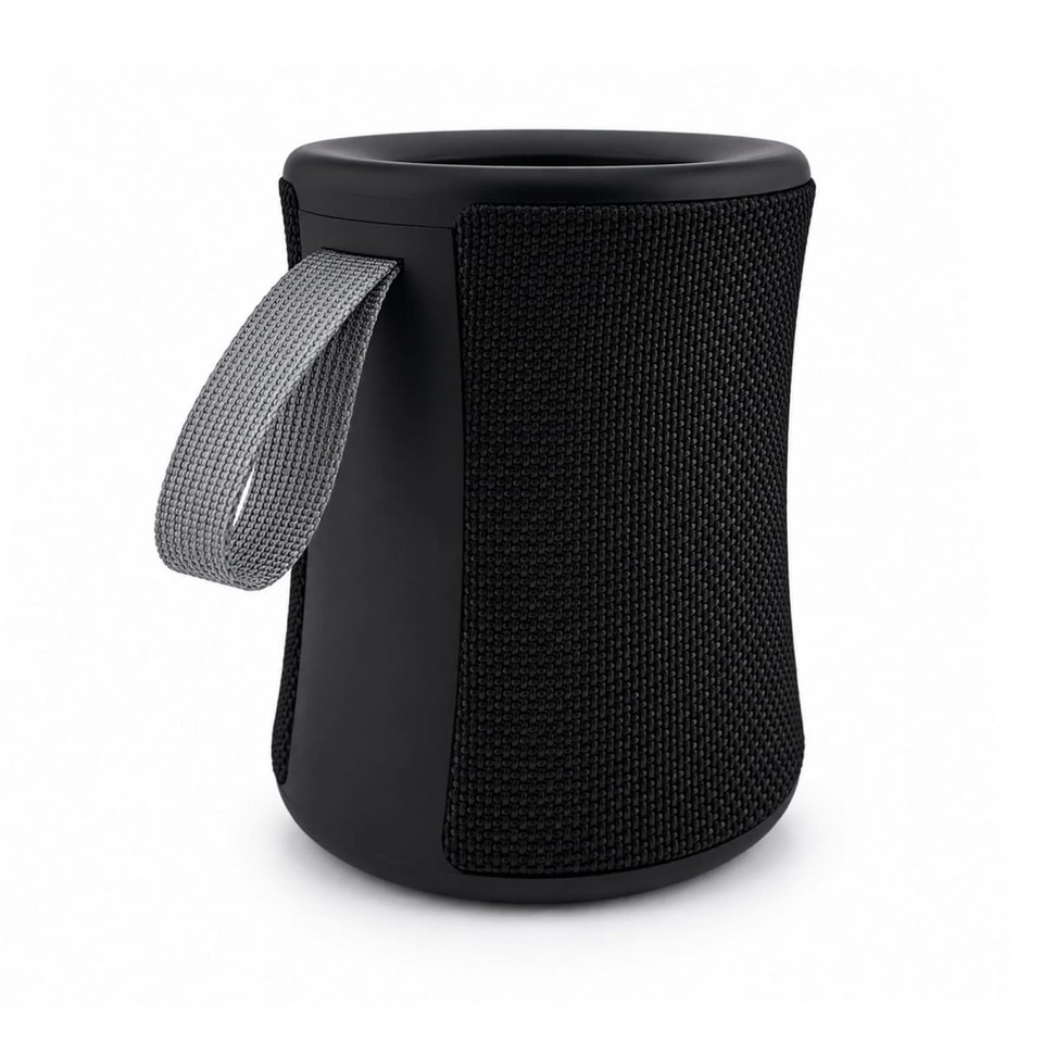 A black speaker with a textured fabric exterior and a grey handle. It has a modern cylindrical design.