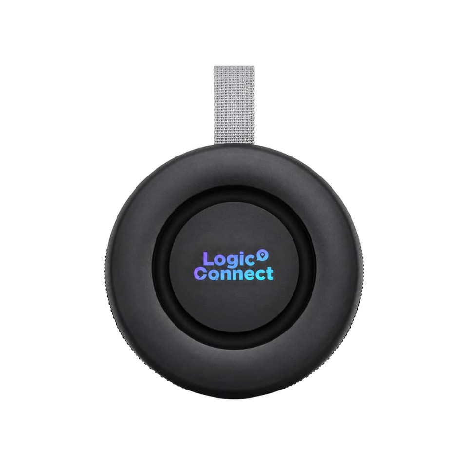 A round black speaker with a grey strap, featuring a logo in vibrant colours.
