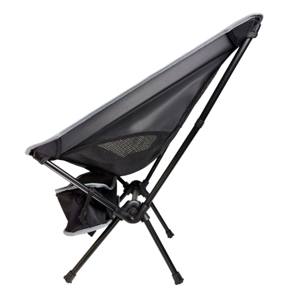A camping chair in grey with a mesh back and a cup holder, featuring a collapsible frame.